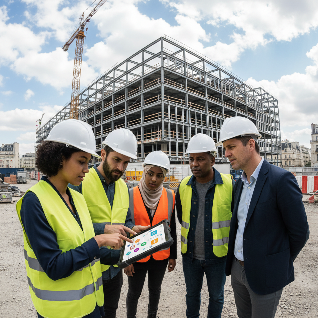 Équipe de construction diversifiée utilisant une application de traduction sur tablette.