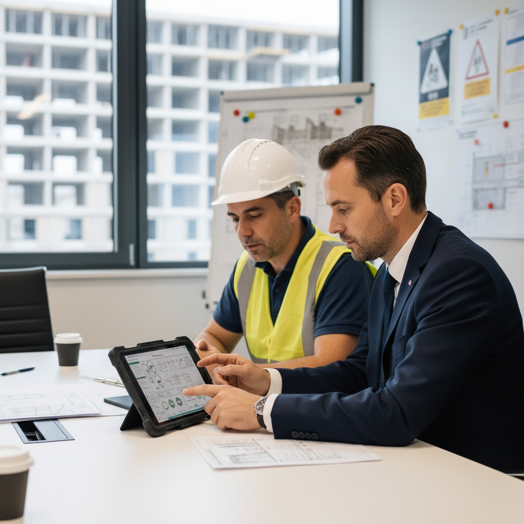 Inspecteur du travail contrôlant des documents numériques sur tablette.