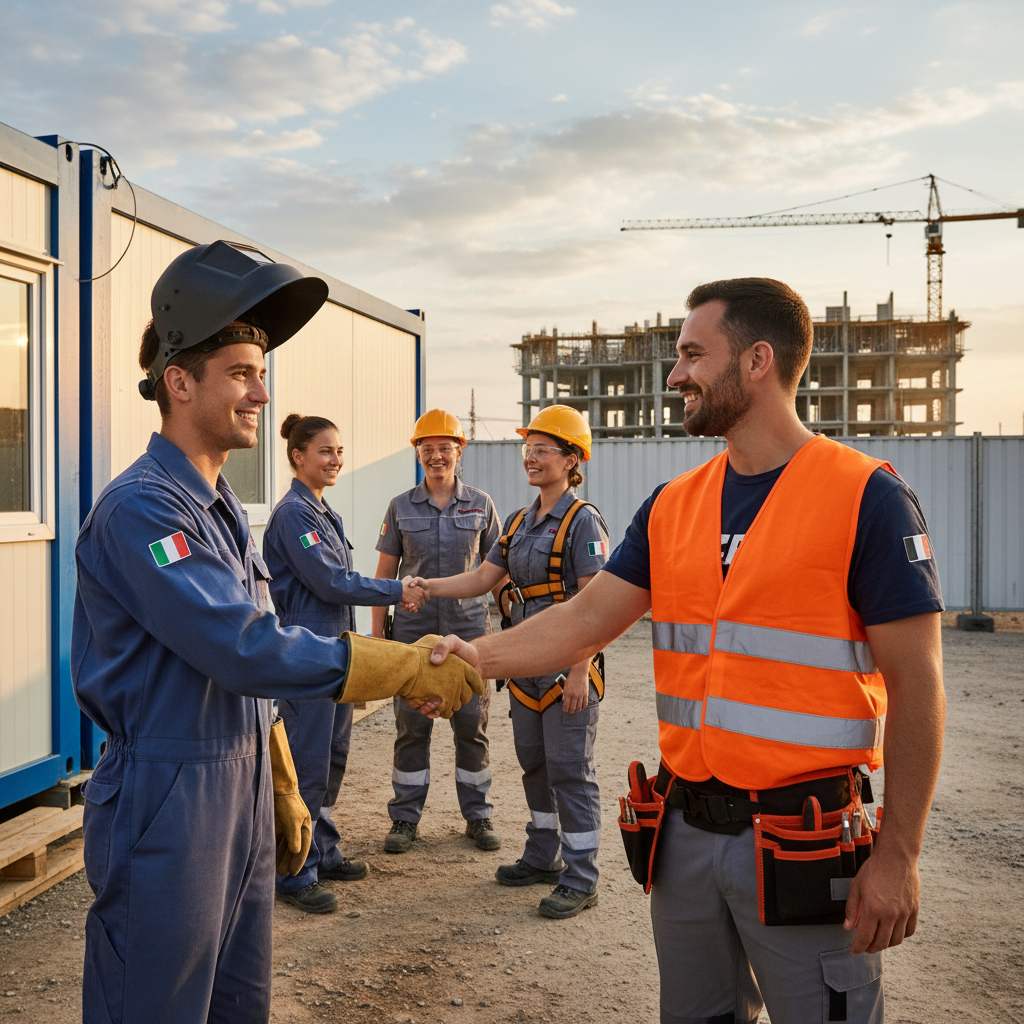 Techniciens européens, dont un électricien, se serrent la main.