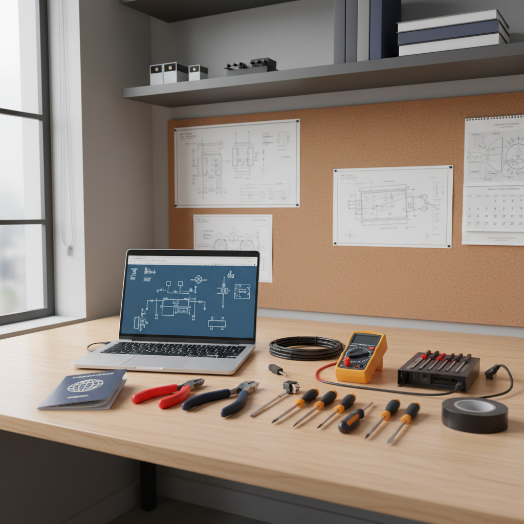 Espace de travail d'un technicien avec plans, passeport et outils.